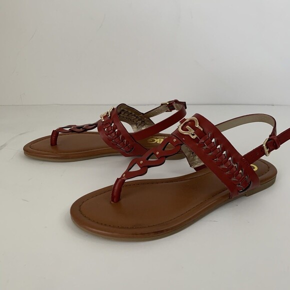 GBG Guess Lovey Sandals Women 6.5 Red Gold Slingback T-Strap Open Toe Summer - Picture 6 of 8
